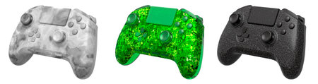 Collection of gaming controllers with different colors and designs for gaming enthusiasts isolated...