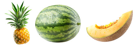 Set of pineapple, watermelon and cantaloupe melon with green leaves isolated on white transparent background.の素材