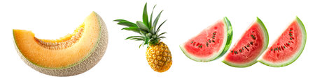 Set of pineapple, watermelon and cantaloupe melon with green leaves isolated on white transparent background.の素材