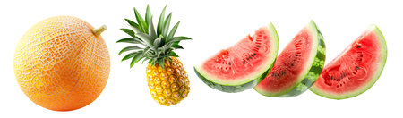 Set of pineapple, watermelon and cantaloupe melon with green leaves isolated on white transparent background.の素材