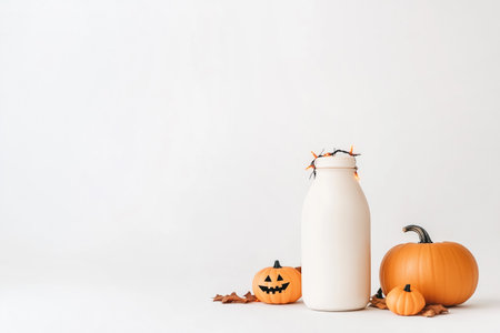 A collection of pumpkins and a milk bottle with fairy lights, on a white backdrop, conveying a cozy autumn theme.の素材