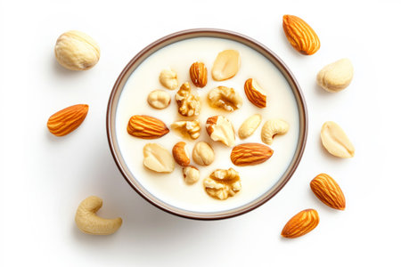 Close-up of creamy yogurt with granola, nuts and honey in bowl, isolated on white background. Concept of healthy breakfastの素材