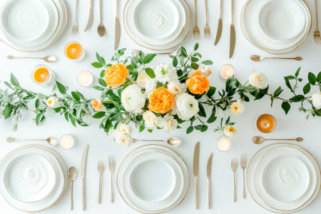 A beautifully arranged table with floral centerpieces, elegant dishes, and candles, ideal for a festive gathering.の素材