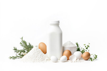 A collection of baking ingredients including milk, flour, eggs, and herbs arranged on white background.の素材