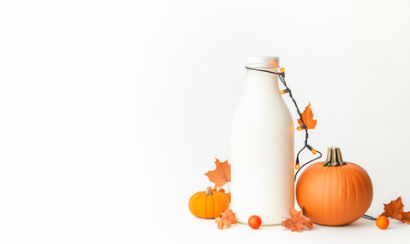 A collection of pumpkins and a milk bottle with fairy lights, on a white backdrop, conveying a cozy autumn theme.の素材
