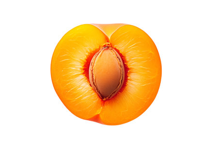Vibrant halved apricot with seed in center isolated on white transparent background. Concept of healthy fresh fruits.の素材