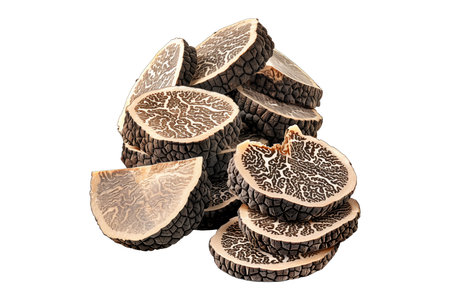 Fresh black Himalayan truffles isolated on white transparent background, great for culinary and gourmet themes.の素材