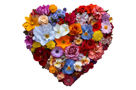Heart shaped arrangement of various vibrant flowers in warm and cool tones, isolated on white transparent background. Concept of love and beautyの素材