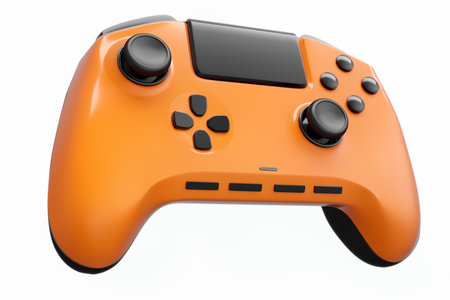 Realistic orange video game joystick or gamepad on white background. 3D rendering of streaming gear...