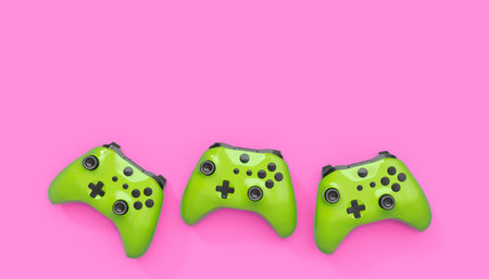 Realistic blue azure video game joysticks or gamepads on pink background. 3D rendering of streaming...