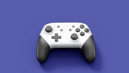 Realistic white video game joystick or gamepad on violet background. 3D rendering of streaming gear for cloud gaming and gamer workspace conceptの写真素材
