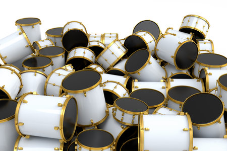 Heap of drums lying on white background. 3d render concept of musical percussion instrument, drum machine and drumsetの写真素材