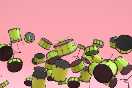 Many of flying drums on pink background. 3d render concept of musical percussion instrument, drum machine and drumsetの写真素材