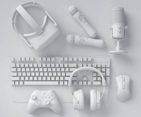 Top view gamer gears like mouse, keyboard, joystick, headphones and phone on monochrome background. 3d render of accessories for live streaming conceptの写真素材