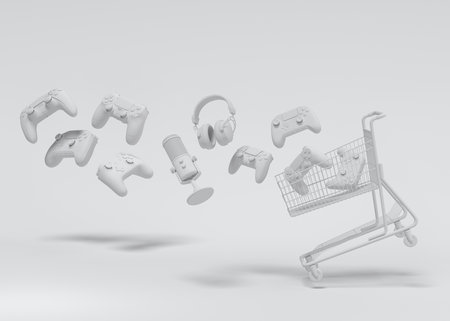 Flying gamer gears like mouse, keyboard, joystick, headset, VR Headset. web camera in trolley on monochrome background. 3d render of sale, shopping and delivery of accessories for live streamingの写真素材