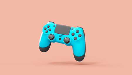 Realistic blue video game joysticks or gamepads on pink background. 3D rendering of streaming gear...