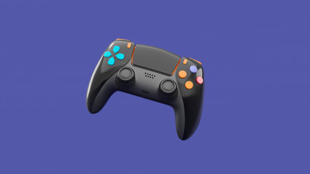 Realistic video game joystick or gamepad on violet background. 3D rendering of streaming gear for...