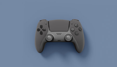 Realistic black video game joysticks or gamepads on black background. 3D rendering of streaming gear for cloud gaming and gamer workspace conceptの写真素材