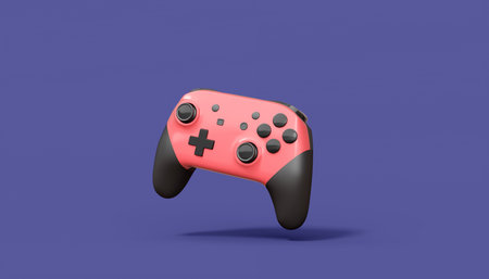 Realistic pink video game joysticks or gamepads on violet background. 3D rendering of streaming gear for cloud gaming and gamer workspace conceptの写真素材