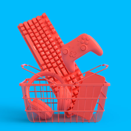 Top view gamer gears like mouse, keyboard, joystick, headphones and phone in basket on monochrome background. 3d render concept of sale, shopping and delivery of accessories for live streamingの写真素材