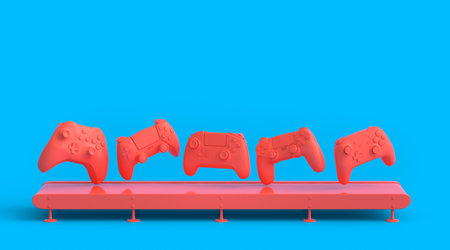 Set of gamer joysticks or gamepads on factory line on monochrome background. 3d render concept of...