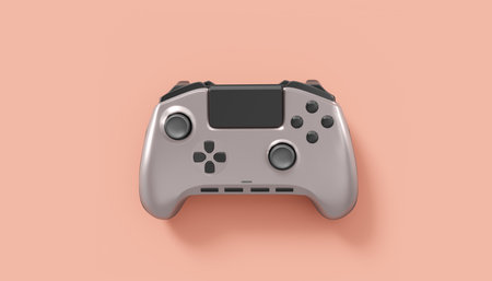 Realistic grey video game joysticks or gamepads on pink background. 3D rendering of streaming gear...