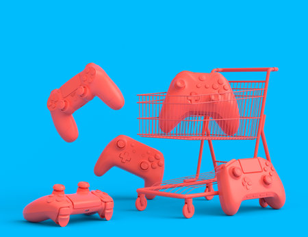 Set of lying gamer joysticks or gamepads on monochrome background. 3d render concept of sale,...