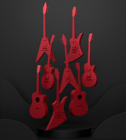 Guitars on podium or pedestal on monochrome background. 3d render of display product like musical instrumentの写真素材