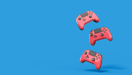 Realistic red video game joysticks or gamepads on blue background. 3D rendering of streaming gear for cloud gaming and gamer workspace conceptの写真素材
