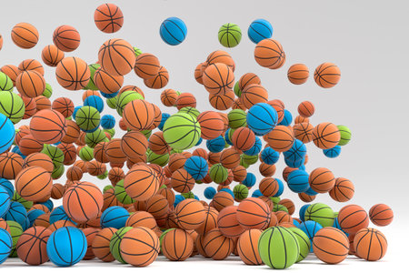 Many of flying multicolor basketball ball falling on white background. 3d render of sport accessories for team playing games, exercise and competitionの写真素材