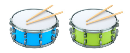 Set of drums and wooden drum sticks on white background. 3d render concept of musical instrument, drum machine.の写真素材