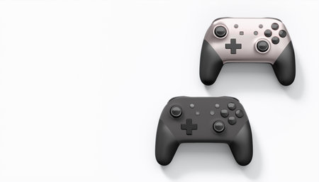 Realistic colorful video game joysticks or gamepads with color buttons on white background. 3D...