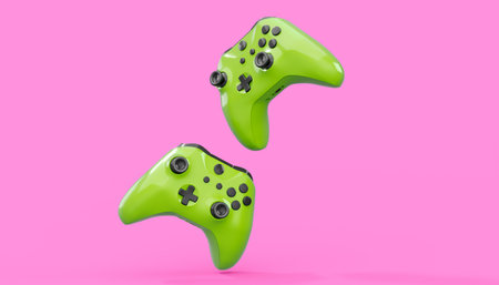 Realistic green video game joysticks or gamepads on pink background. 3D rendering of streaming gear...