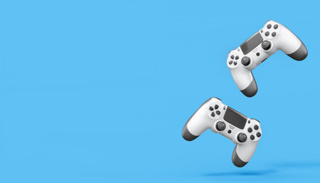 Realistic white video game joysticks or gamepads on blue background. 3D rendering of streaming gear...