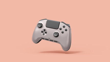 Realistic grey video game joysticks or gamepads on pink background. 3D rendering of streaming gear for cloud gaming and gamer workspace conceptの写真素材