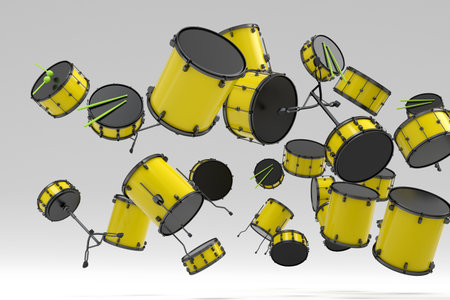Many of flying drums with metal cymbals or drumset on white backgroundの写真素材