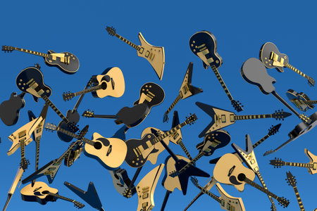 Many of flying electric guitars isolated on blue background.の写真素材