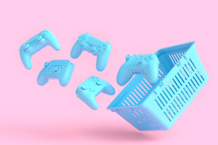 Set of flying gamer joysticks or gamepads in plastic basket on monochrome background. 3d render...