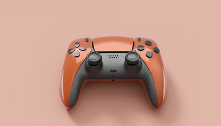 Realistic red video game joysticks or gamepads on red background. 3D rendering of streaming gear for cloud gaming and gamer workspace conceptの写真素材