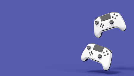 Realistic white video game joysticks or gamepads on violet background. 3D rendering of streaming...