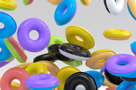 Many of flying inflatable ring for swimming pool isolated on white background. 3d render of summer...