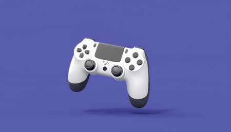 Realistic white video game joystick or gamepad on violet background. 3D rendering of streaming gear...