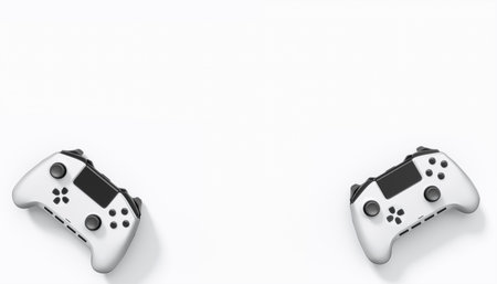 Realistic colorful video game joysticks or gamepads with color buttons on white background. 3D rendering of streaming gear for cloud gaming and gamer workspace conceptの写真素材
