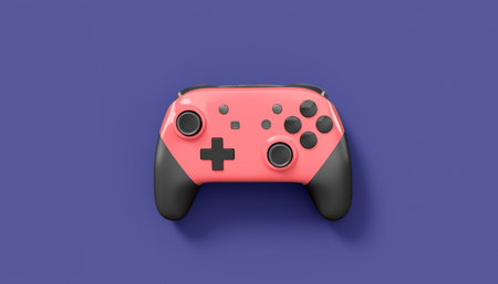 Realistic pink video game joysticks or gamepads on violet background. 3D rendering of streaming gear...