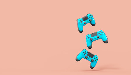 Realistic blue video game joysticks or gamepads on pink background. 3D rendering of streaming gear...