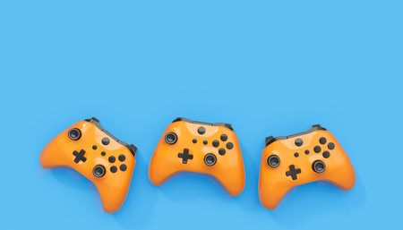 Realistic blue yellow video game joysticks or gamepads on blue background. 3D rendering of streaming...