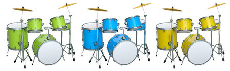 Set of realistic drums with metal cymbals on white background. 3d render concept of musical percussion instrument, drum machine and drumsetの写真素材