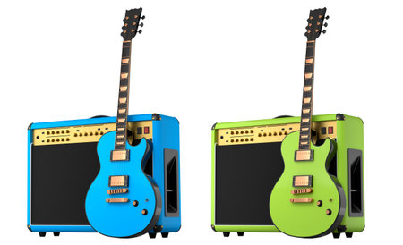 Set of amplifier with electric or acoustic guitar isolated on white background. 3d render of amplifier for recording bass guitar in studio or rehearsal room, concept for rock festival posteの写真素材