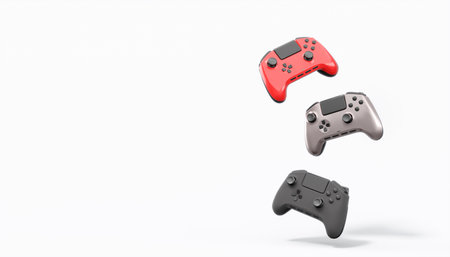Realistic colorful video game joysticks or gamepads with color buttons on white