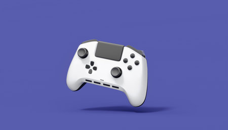 Realistic white video game joystick or gamepad on violet backgroundの写真素材